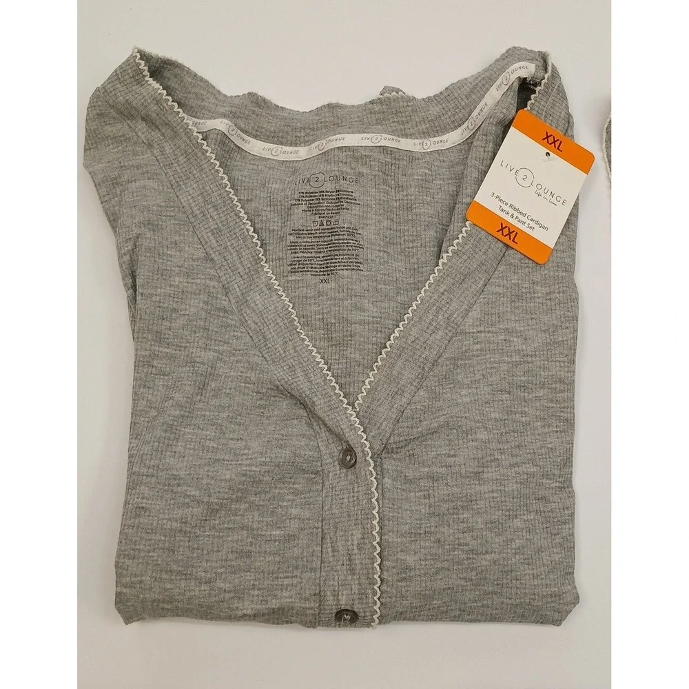 Live2Lounge Women’s 3 Piece Ribbed Cardigan Tank Pant Set, Gray, Size 2XL, NWOT